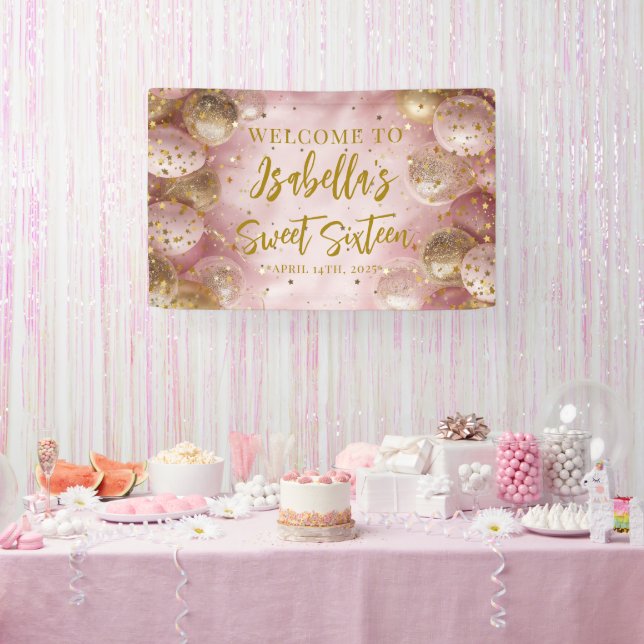 Modern sweet 16 pink gold balloons welcome banner (Party)