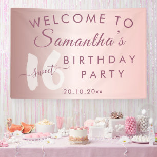 Modern Sweet 16 Pink Metallic Birthday Banner