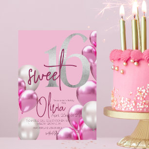 Modern Sweet 16 Pink Silver Balloons Birthday Invitation