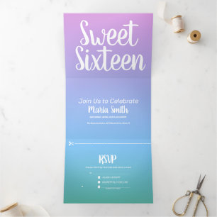 Modern Sweet 16 Purple Blue Ombre Photography Tri-Fold Invitation
