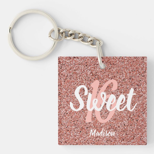Modern Sweet 16 Rose Gold Glitter Personalized Keychain (Front)