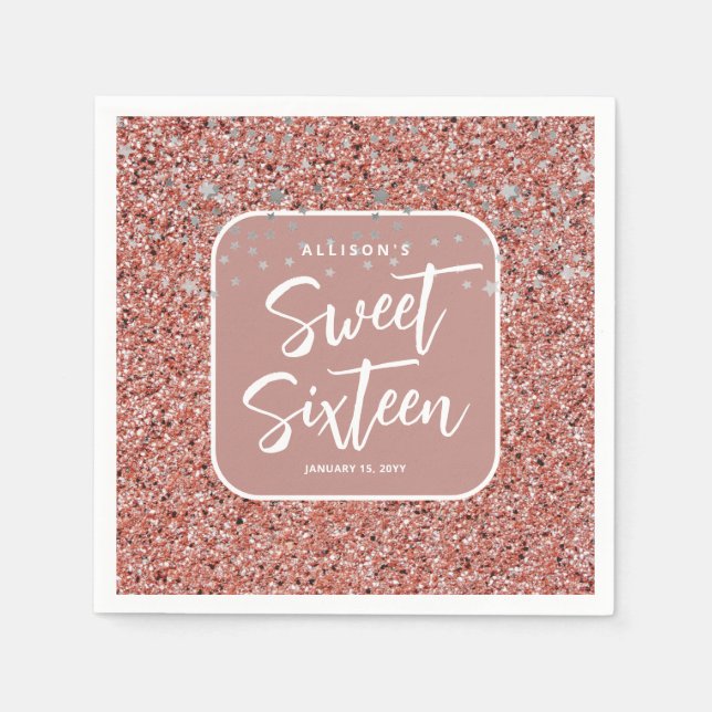 Modern Sweet 16 Rose Gold Glitter Personalized Napkins (Front)