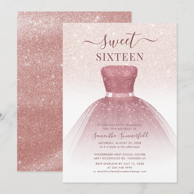 Modern Sweet 16 Rose Gold Script Glitter Birthday Invitation (Front/Back)