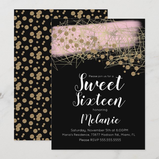 Modern Sweet 16 Rosita Gold Geometrical Black Invitation (Front/Back)