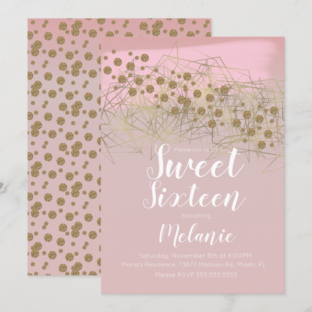 Modern Sweet 16 Rosita Gold Geometrical Blush Invitation | Zazzle
