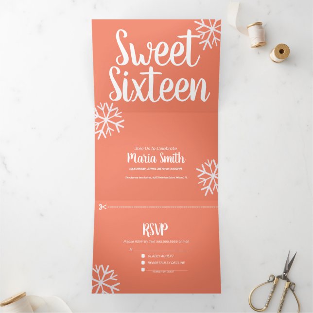 Modern Sweet 16 Scattered Snowflakes Tri-Fold Invitation (Inside)