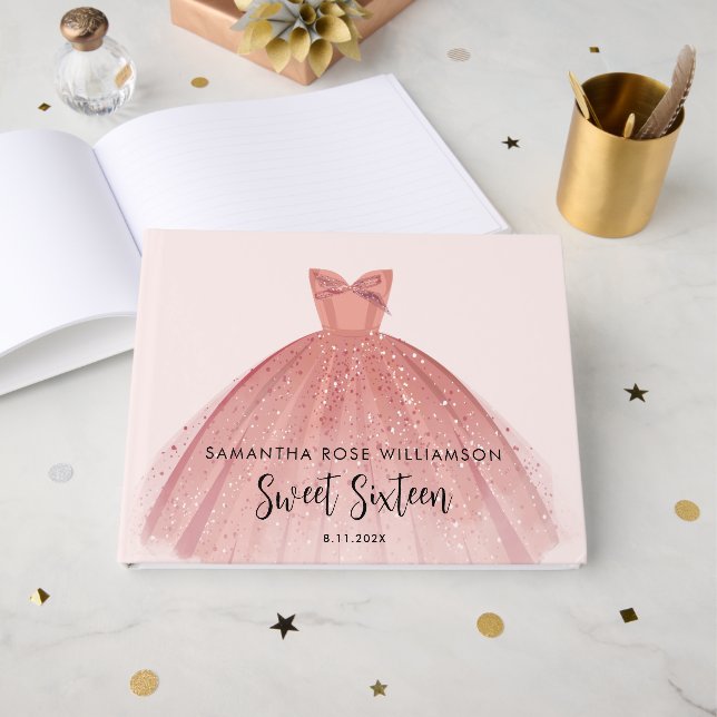 Modern Sweet 16 Script Dress Birthday Custom Guest Book (Front Open)