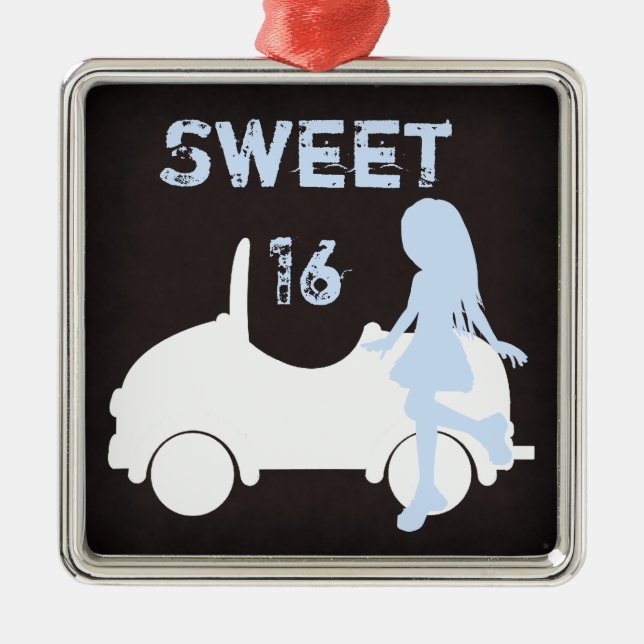 Modern Sweet 16 Silhouette Girl and Car Metal Ornament (Front)