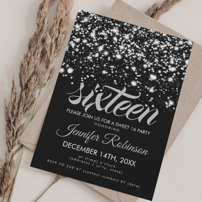 Modern Sweet 16 Silver & Black Midnight Glam Invitation (Modern Sweet 16 Silver & Black Midnight Glam Invitation)