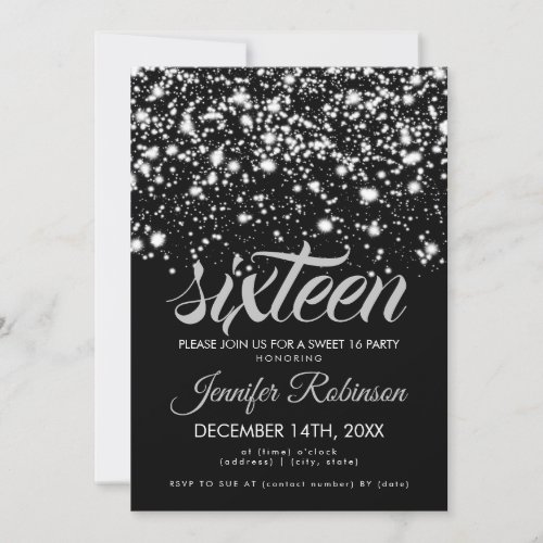 Modern Sweet 16 Silver  Black Midnight Glam Invitation