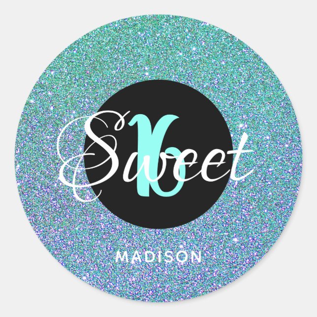 Modern Sweet 16 Teal Aqua Glitter Personalized Classic Round Sticker (Front)