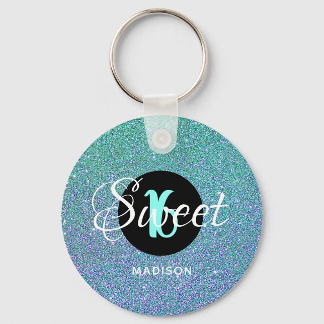 Modern Sweet 16 Teal Aqua Glitter Personalized Keychain (Front)
