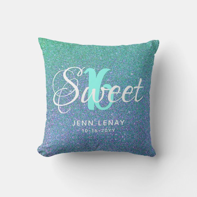 Modern Sweet 16 Teal Aqua Glitter Personalized Throw Pillow (Front)