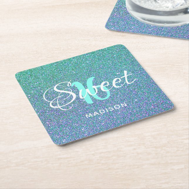 Modern Sweet 16 Teal Blue Glitter Personalized Square Paper Coaster (Angled)