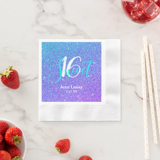 Modern Sweet 16 Teal Purple Glitter Personalized Napkins (Insitu)