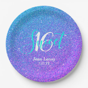 Modern Sweet 16 Teal Purple Glitter Personalized Paper Plates