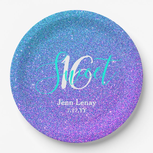 Modern Sweet 16 Teal Purple Glitter Personalized Paper Plates (Front)