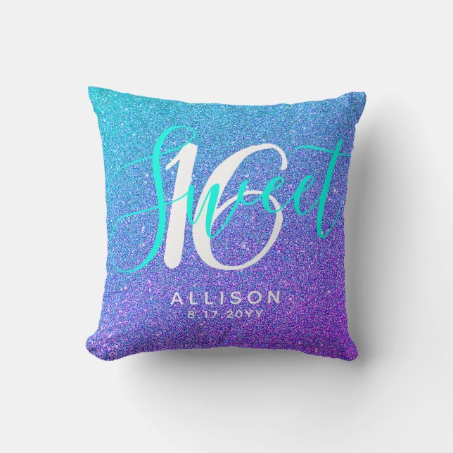 Modern Sweet 16 Teal Purple Glitter Personalized Throw Pillow (Front)