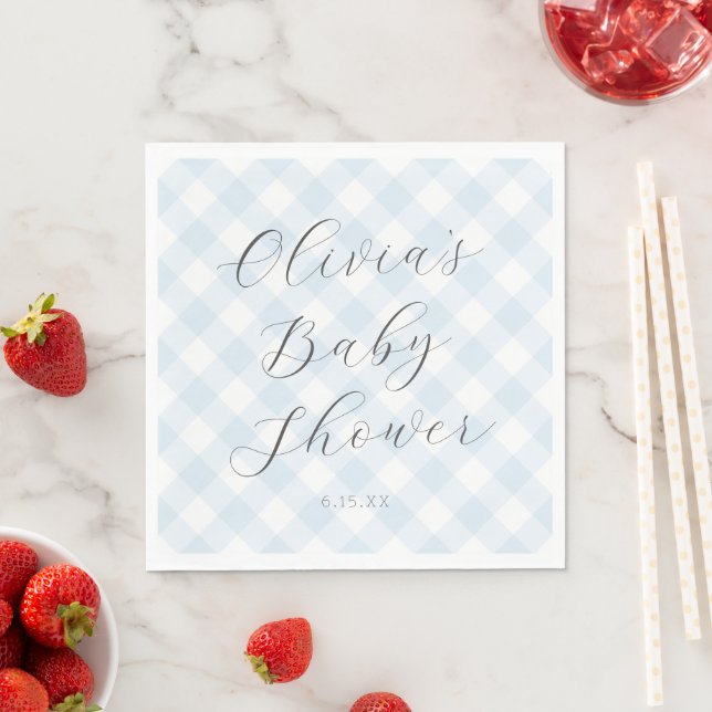 Modern + Sweet Baby Blue Gingham Baby Shower Napkins (Insitu)