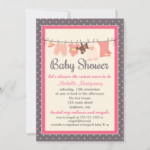 Modern Sweet Baby Clothes Line Girl Baby Shower Invites