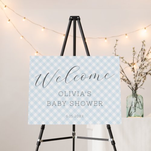 Modern Sweet Blue Gingham Baby Shower Welcome Sign