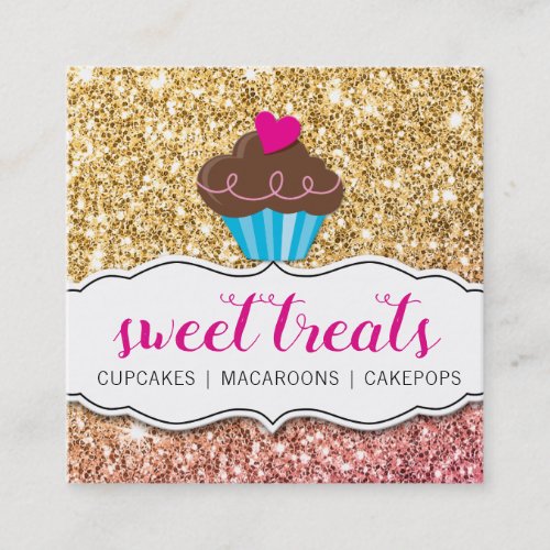 MODERN SWEET cute cupcake bakery pink gold glitter Square Business Card