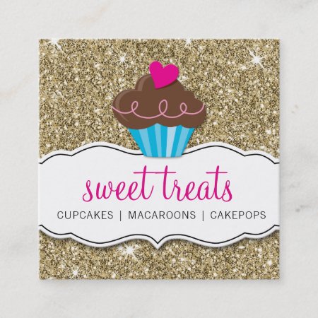 Modern Sweet Cute Cupcake Bakery Pink Gold Glitter Square Business Car