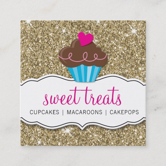 MODERN SWEET cute cupcake bakery pink gold glitter Square Business Card (Front)