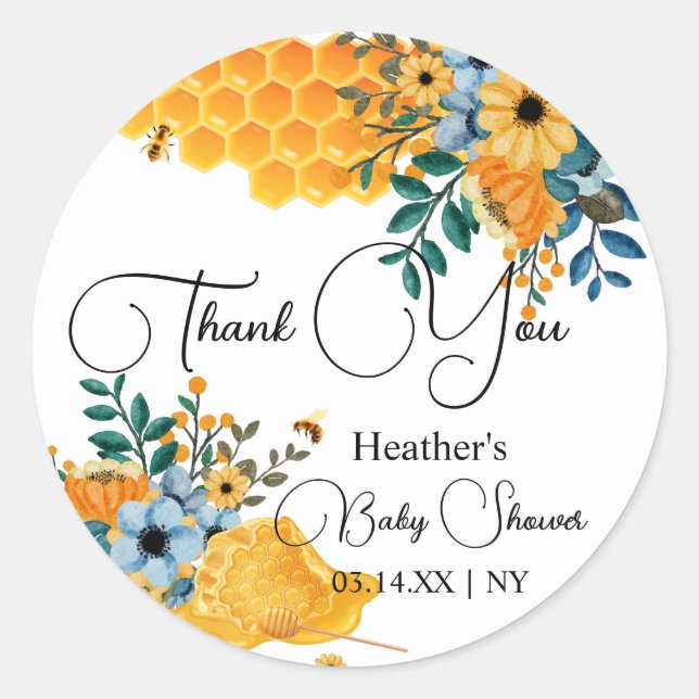 Modern Sweet Honey Bee Floral Baby Shower  Classic Round Sticker (Front)