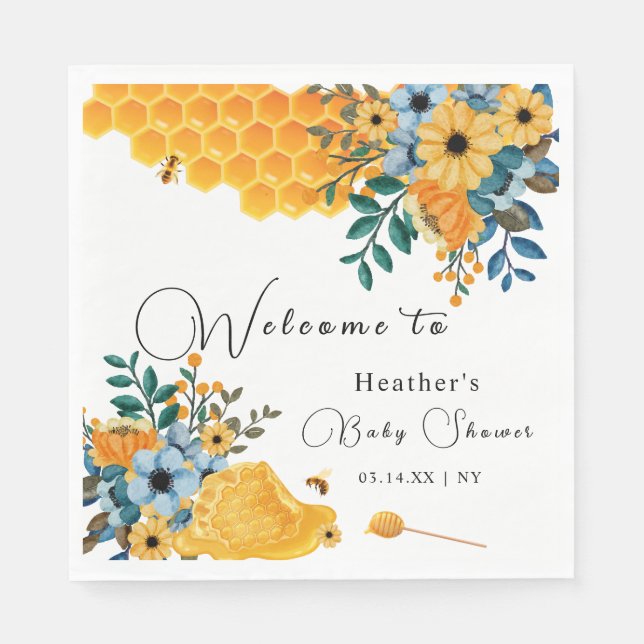 Modern Sweet Honey Bee Floral Baby Shower Welcome Napkins (Front)
