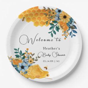 Modern Sweet Honey Bee Floral Baby Shower Welcome Paper Plates
