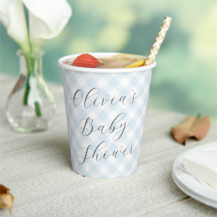 Modern + Sweet Light Blue Gingham Baby Shower Paper Cups