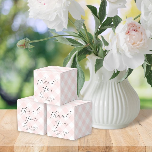 Modern + Sweet Light Pink Gingham Baby Shower Favor Boxes (Creator Uploaded)