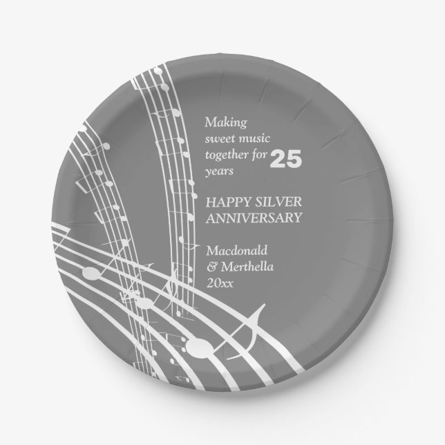 Modern SWEET MUSIC Happy Silver Anniversary Paper Plates (Front)