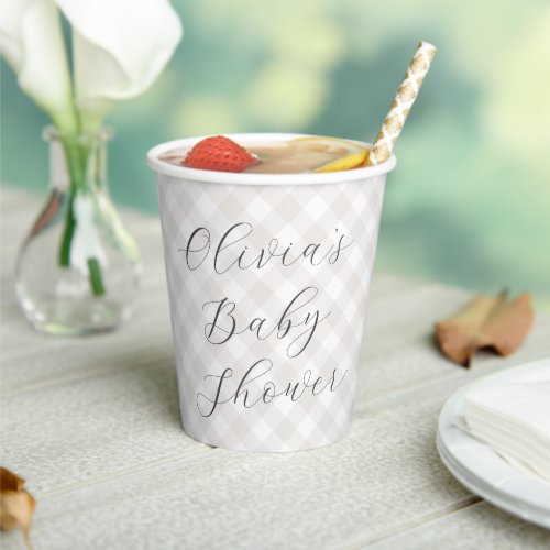 Modern  Sweet Neutral Grey Gingham Baby Shower Paper Cups
