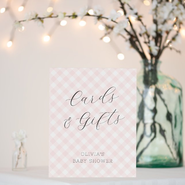 Modern + Sweet Pink Gingham Baby Shower Gift Sign (In Situ (Wedding))