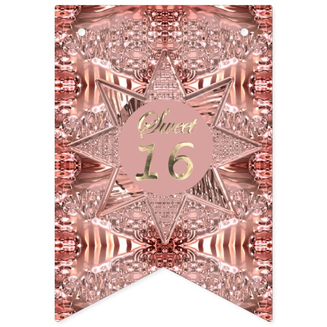 Modern Sweet Sixteen 16th Birthday Rose Gold Star Bunting Flags (First Flag)