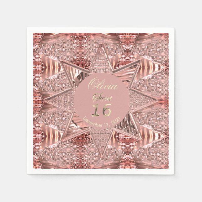 Modern Sweet Sixteen 16th Birthday Rose Gold Star Napkins (Front)