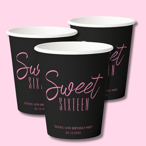 Modern Sweet Sixteen Black Pink Girls 16th party Paper Cups