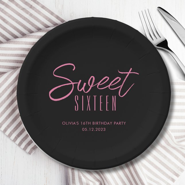 Modern Sweet Sixteen Black Pink Girls 16th party Paper Plates (Sweet Sixteen 16th Sixteenth girls birthday party paper plates in black & pink. See full range.)
