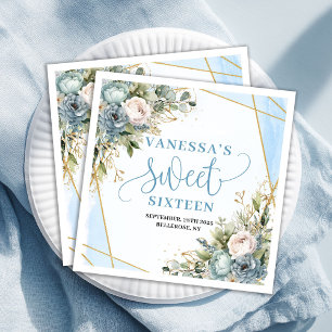 Modern Sweet Sixteen Blue Floral Gold Glitter Paper Dinner Napkins