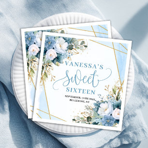 Modern Sweet Sixteen Blue Gold Eucalyptus Napkins