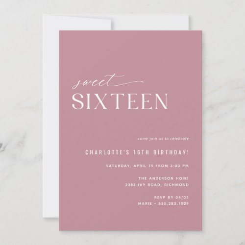 Modern Sweet Sixteen Dusty Rose Pink 16th Birthday Invitation