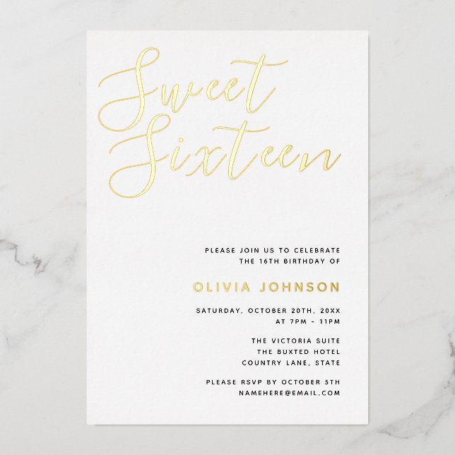 Modern Sweet Sixteen Gold Foil Birthday Party Foil Invitation (Front)