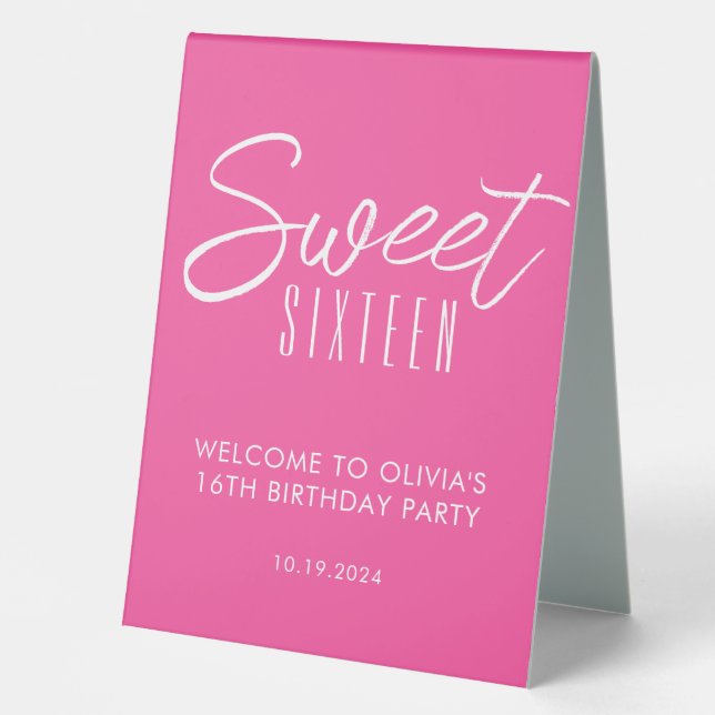 Modern Sweet Sixteen pink 16th birthday welcome Table Tent (Front)