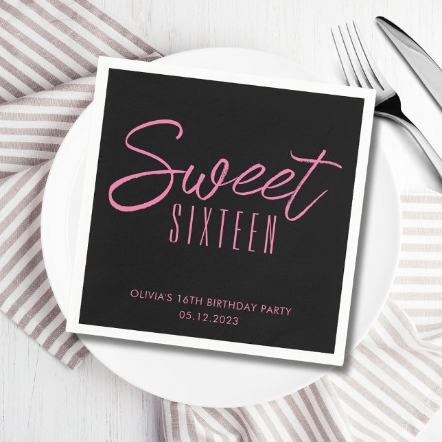 Modern Sweet Sixteen Pink Black Girls 16th party Napkins (Sweet Sixteen 16th Sixteenth girls birthday party paper napkins in black & pink. See full range.)