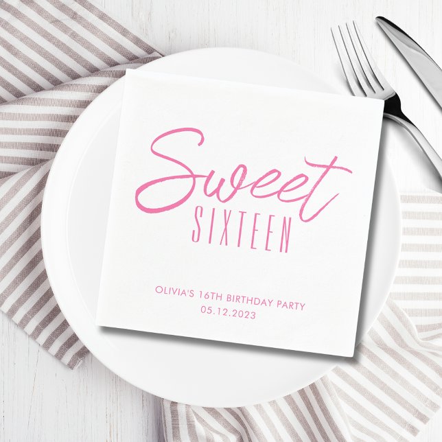 Modern Sweet Sixteen Pink Girls 16th party Napkins (Sweet Sixteen 16th Sixteenth girls birthday party paper napkins in white & pink. See full range.)