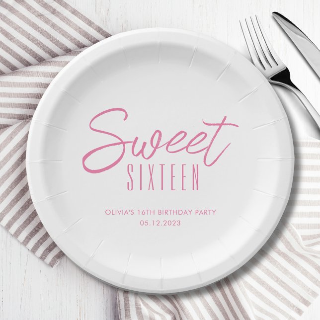 Modern Sweet Sixteen Pink Girls 16th party Paper Plates (Sweet Sixteen 16th Sixteenth girls birthday party paper plates in white & pink. See full range.)