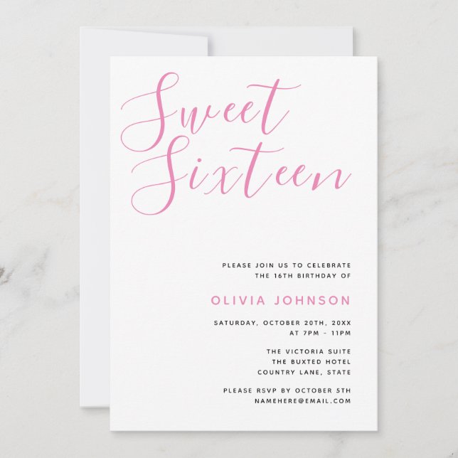 Modern Sweet Sixteen Pink & White Birthday Invitation (Front)