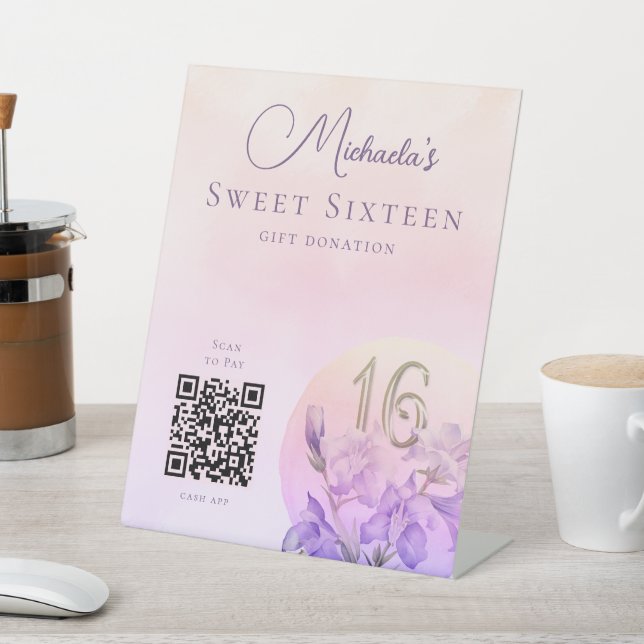 Modern Sweet Sixteen QR Code Cash App  Pedestal Sign (In SItu)